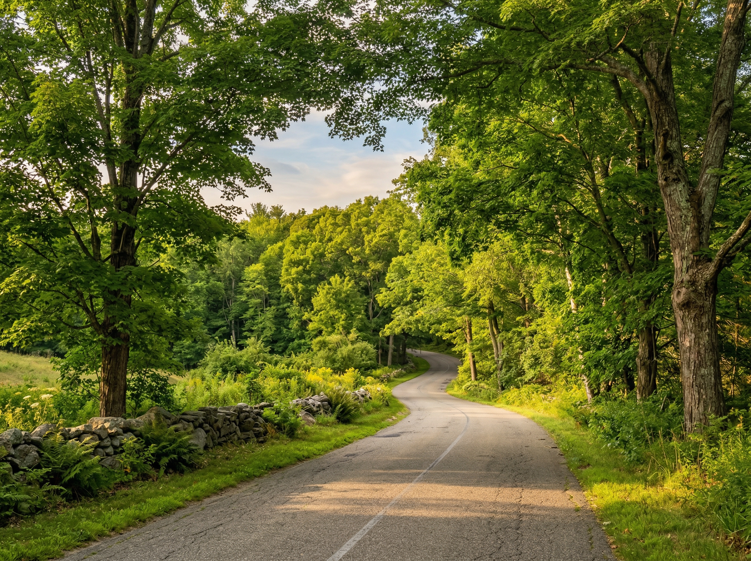 Tree-lined country road in southeastern Massachusetts with lush green canopy