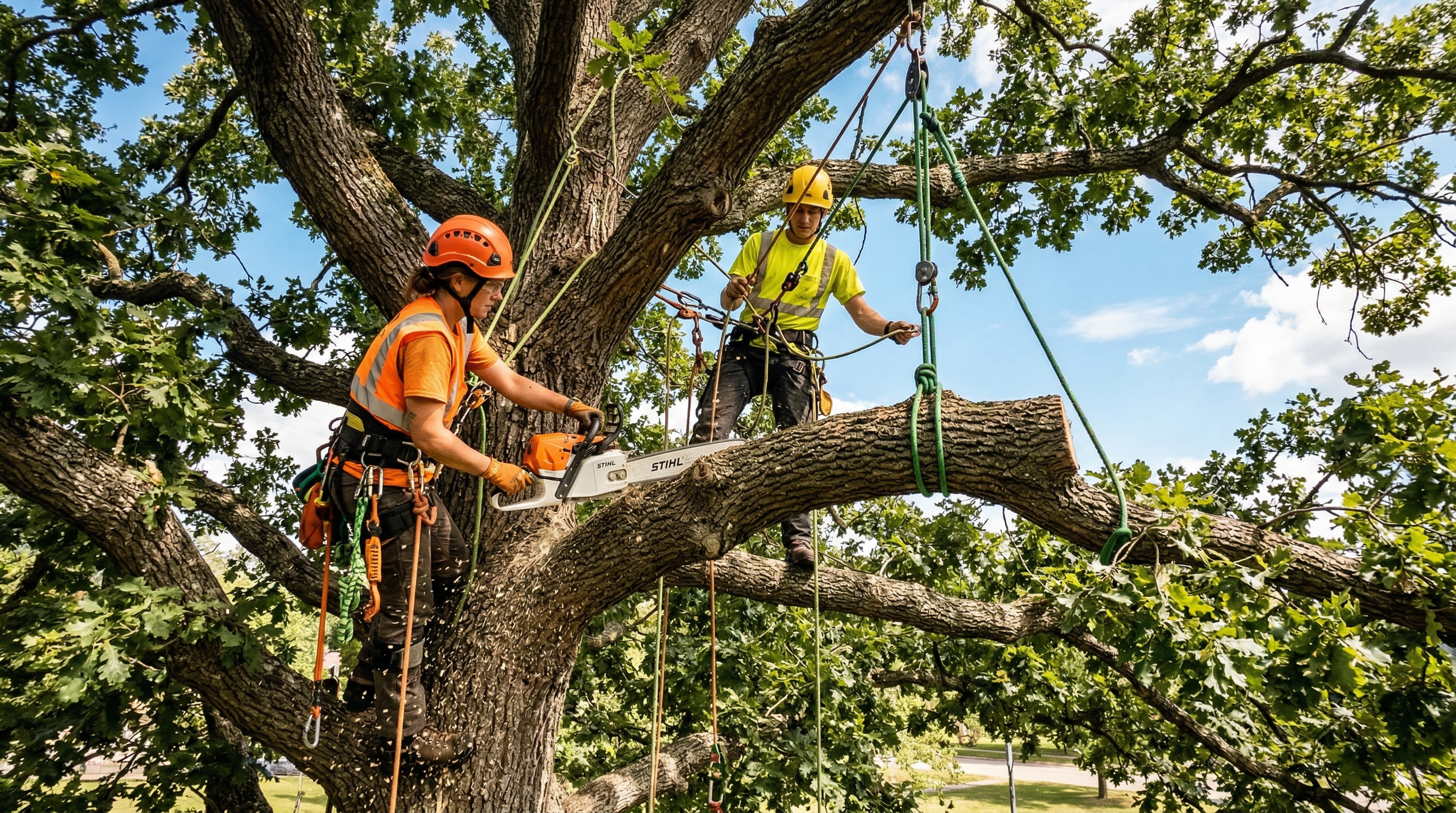 Professional arborists performing tree work high in a large oak tree